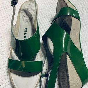 Green wedge sandals never been worn
